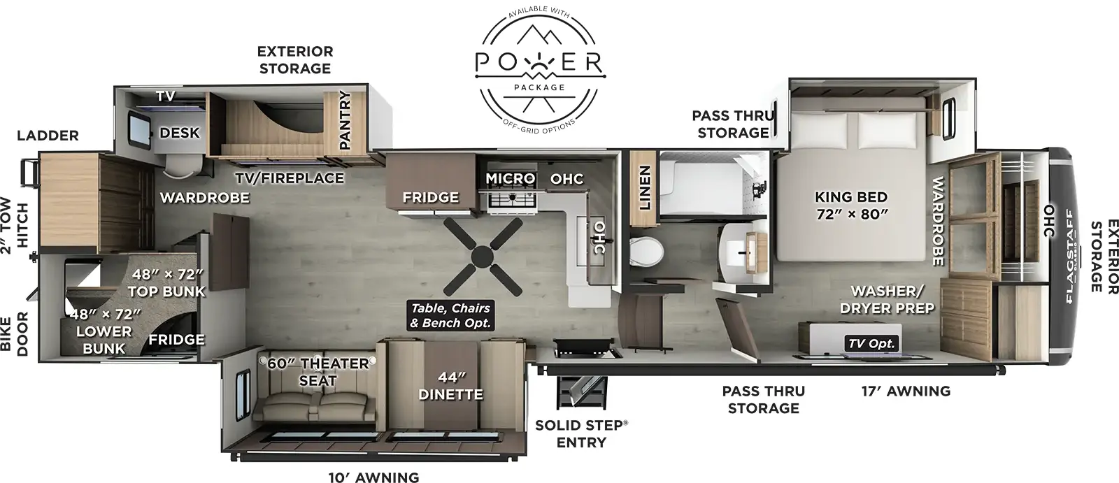 The Flagstaff Classic Fifth Wheels 405CBH floorplan has one entry and three slide outs. Exterior features include: fiberglass exterior and 10' & 17' awning. Interiors features include: bunk beds and front bedroom.